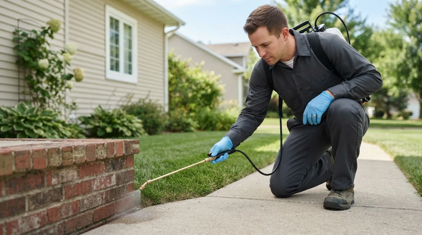 Pest control technician treating a home near O Fallon, IL
